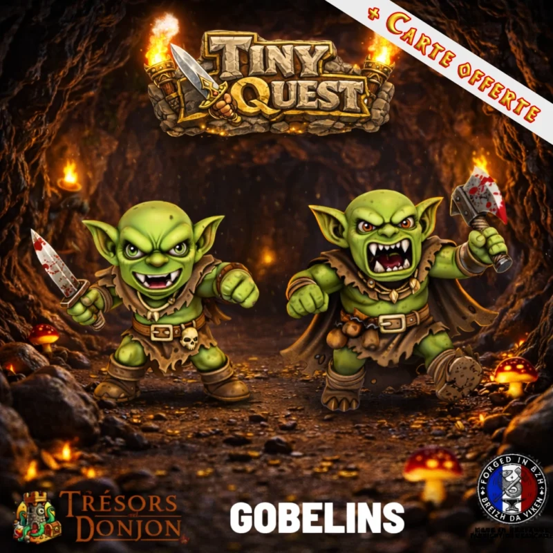 Figurines Gobelins TinyQuest compatibles HeroQuest et plateaux 3D. Socle 25 mm, faciles à peindre, idéales pour combats dynamiques.
