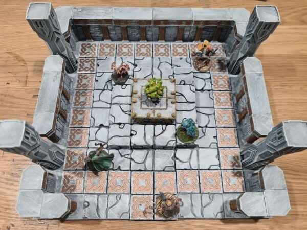 Salle de donjon pour nains en impression 3D avec dallage celtique, murs de pierre massifs et piliers sculptés, figurines de JDR 28mm-32mm sur décor peint.