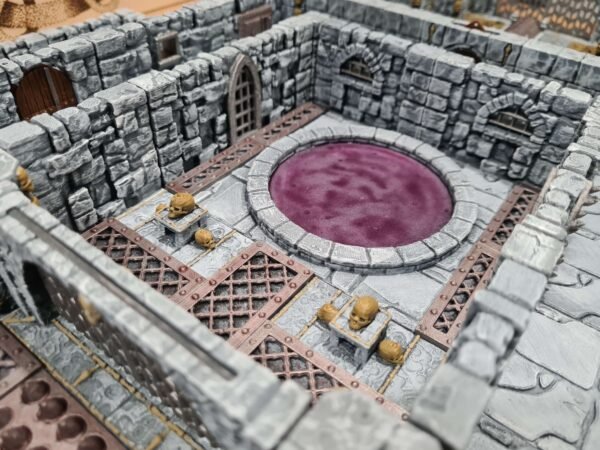 Donjon JDR sur mesure — salle du portail avec cercle magique violet, grilles bronze et crânes dorés