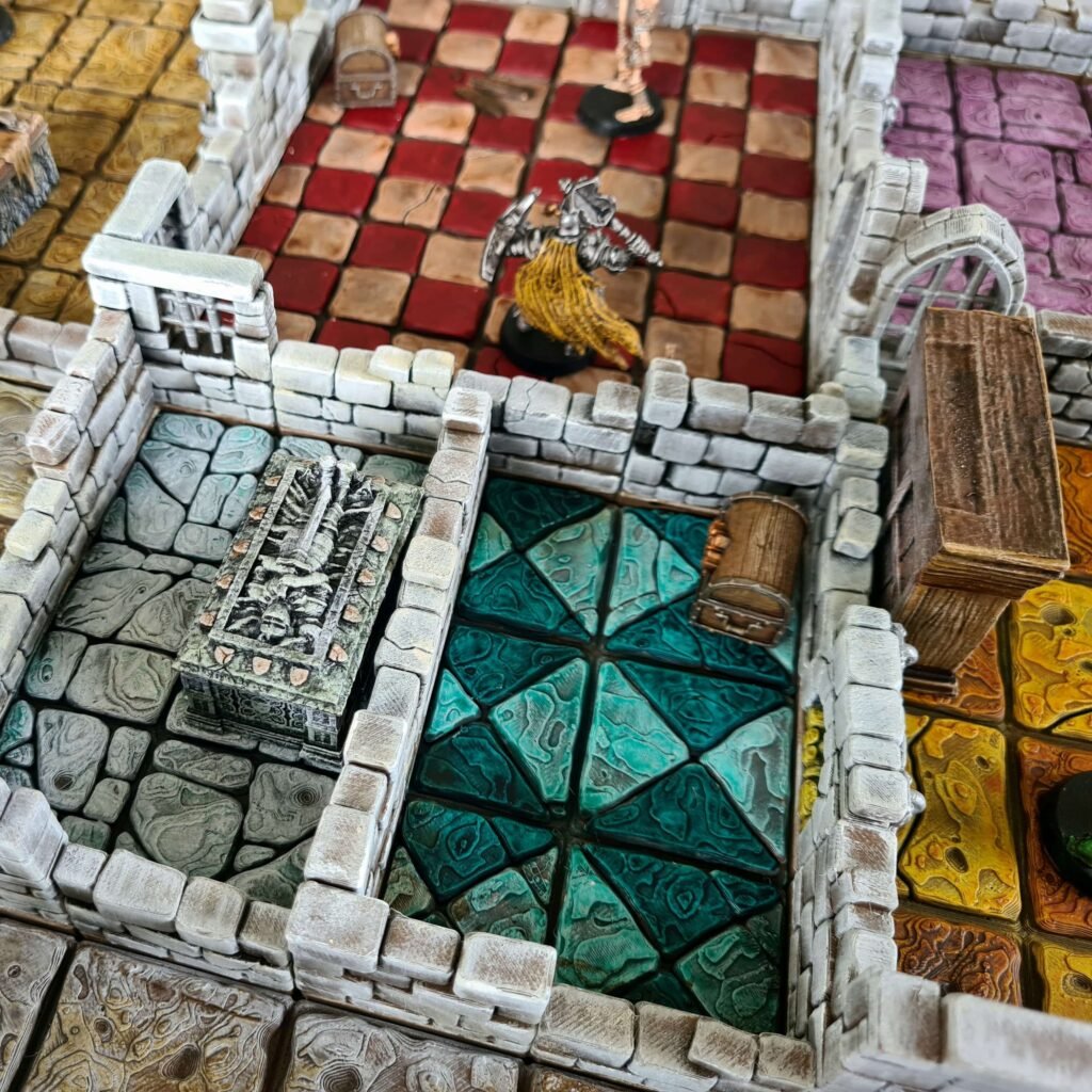 Détail d'une salle de crypte en 3D avec sarcophage sculpté, mobilier en bois et dallage bleu turquoise pour jeu de rôle.