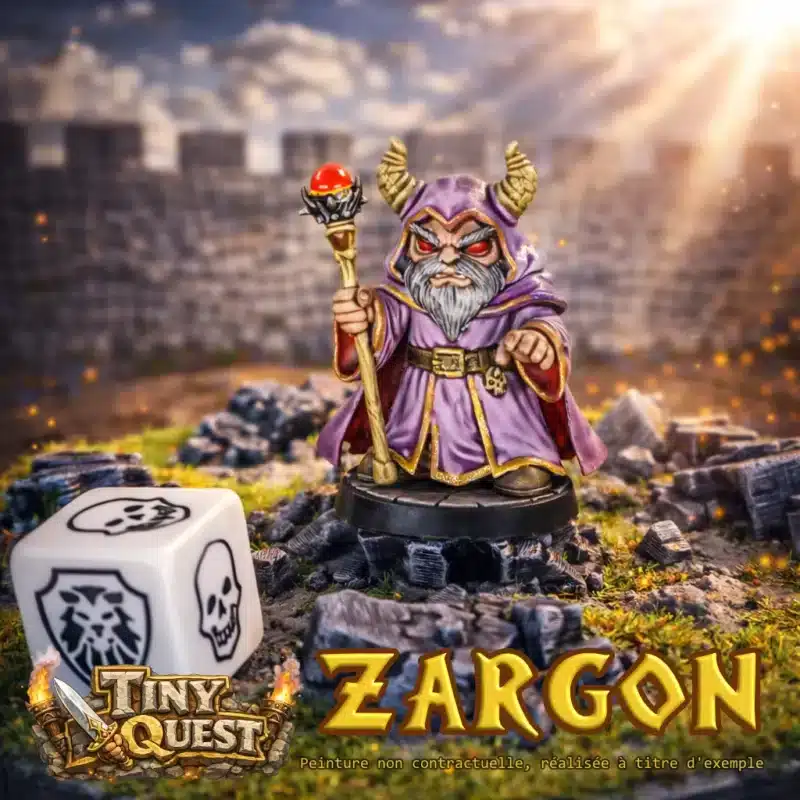 Figurine Zargon/Sorcier maléfique TinyQuest compatible HeroQuest, socle 25mm, peinture d'exemple.