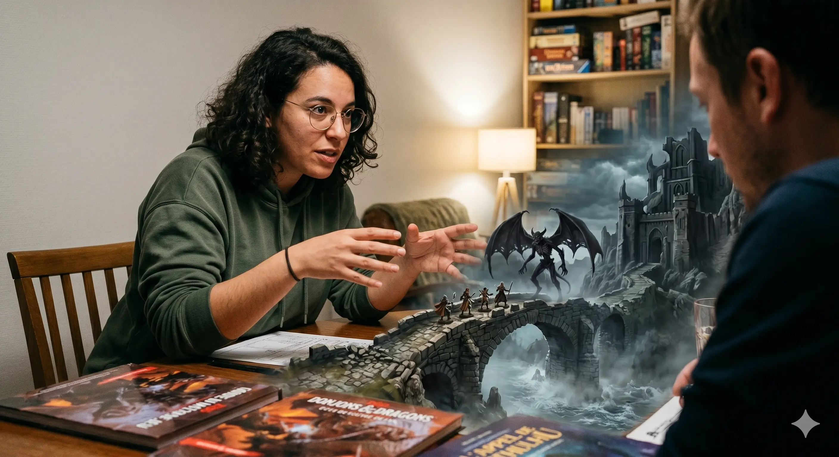 Une meneuse de jeu de rôle décrivant une scène fantastique qui prend vie sur la table sous forme d'une vision épique avec un dragon et une forteresse.