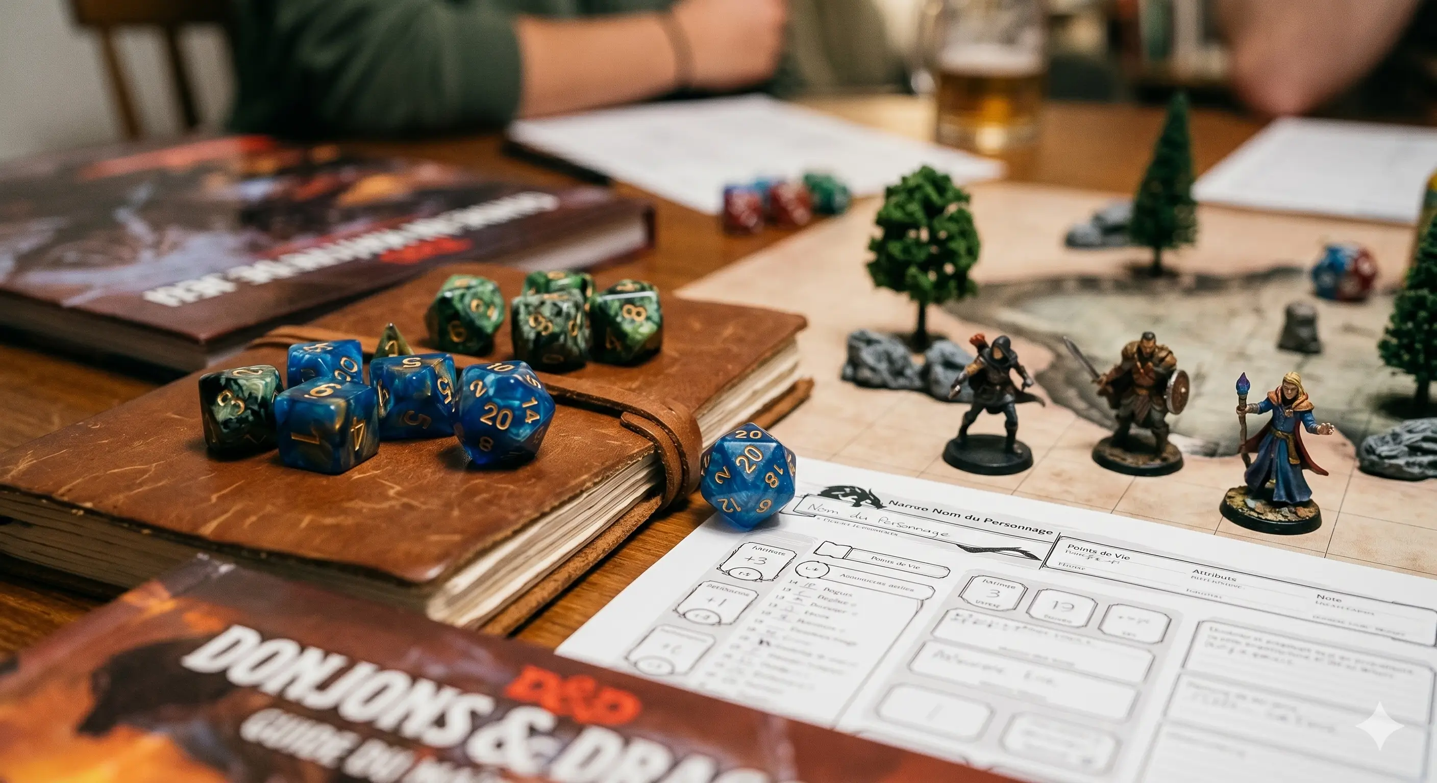 Gros plan hyper-réaliste sur des dés polyédriques, dont un D20, une feuille de personnage manuscrite et des figurines peintes sur une carte tactique.