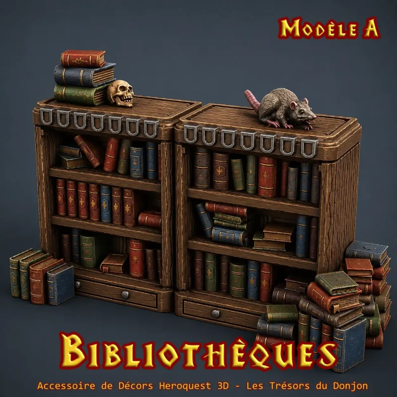 Bibliothèques HeroQuest 3D Modèle A — rayons ouverts, crâne et rat, décor donjon impression PLA+