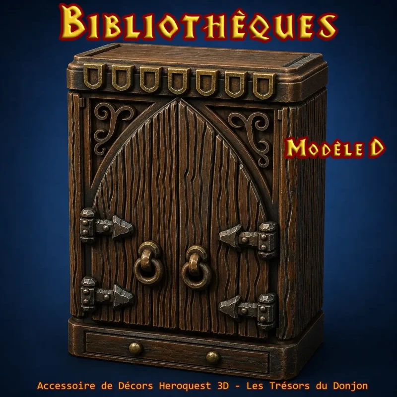 Bibliotheque Heroquest 3D - modele D (1) Armoire HeroQuest 3D Modèle D — armoire simple ferrures dorées, décor donjon PLA+