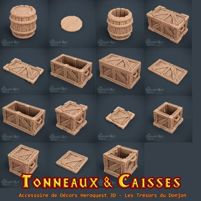 Caisses et tonneaux - TABLE Tonneaux et caisses HeroQuest 3D — 17 modèles PLA+ Dragon Rest atelier breton