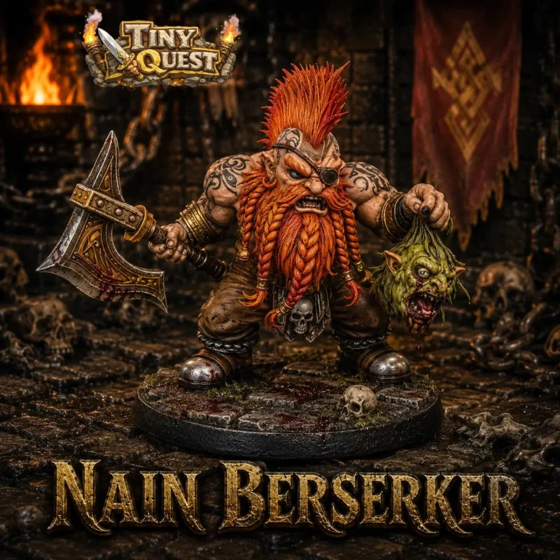 Un héros nain sauvage et brutal pour HeroQuest. Le Nain Berserker TinyQuest™ arrive avec sa carte héros et sa compétence spéciale exclusive.