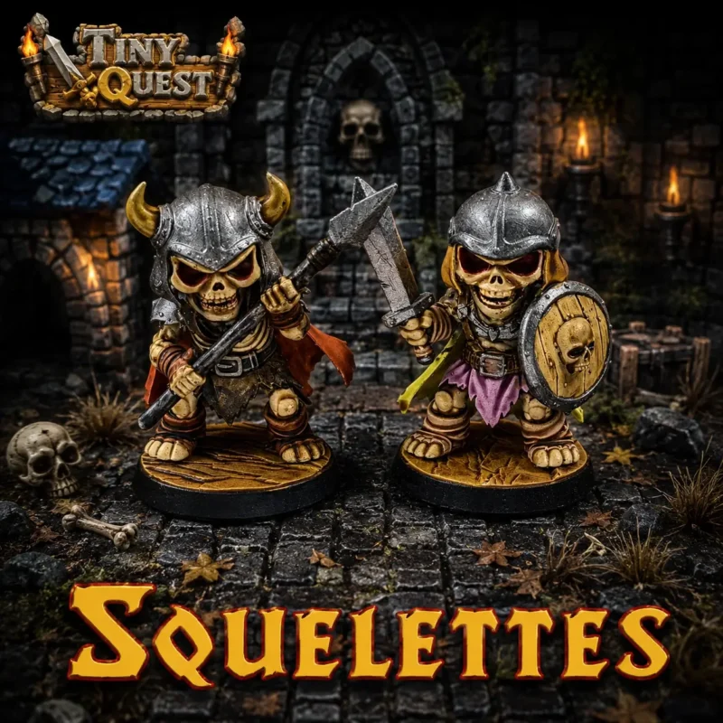 Squelettes-Tinyquest (1) Figurines Squelettes TinyQuest compatibles HeroQuest et plateaux 3D. Socle 25 mm, faciles à peindre, idéales pour ambiance et combats.