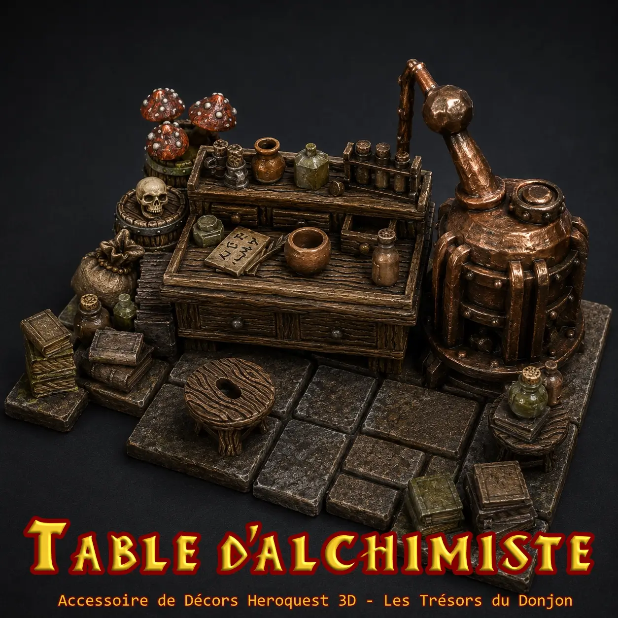 Table d'alchimiste - Mobilier Heroquest 3D (1) Magnifique table d’alchimiste HeroQuest 3D – Décor Dragon’s Rest PLA+