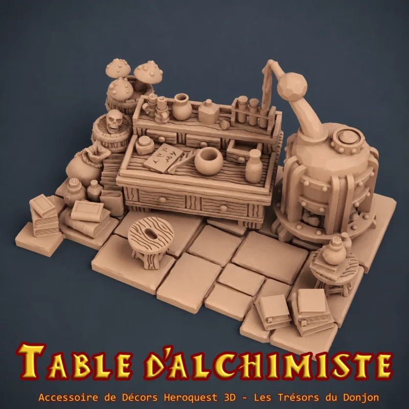 Ajoutez un véritable laboratoire fantasy à vos parties HeroQuest grâce à cette Table d’Alchimiste 3D Dragon’s Rest imprimée en PLA+ haute qualité au format 28/32mm.