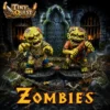 Zombies-Tinyquest (1) Illustration promotionnelle de figurines zombies fantasy pour Tiny Quest : deux zombies miniatures peints à la main avancent dans un décor de donjon sombre et de cimetière médiéval, devant une pierre tombale envahie de mousse. Ambiance RPG gothique avec éclairages dramatiques, torches enflammées et logo Tiny Quest en haut de l’image. Texte “ZOMBIES” en grandes lettres fantasy dorées en bas de l’illustration.