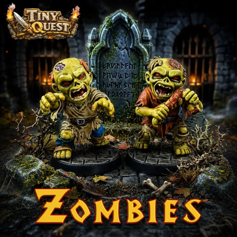 Zombies-Tinyquest (1) Illustration promotionnelle de figurines zombies fantasy pour Tiny Quest : deux zombies miniatures peints à la main avancent dans un décor de donjon sombre et de cimetière médiéval, devant une pierre tombale envahie de mousse. Ambiance RPG gothique avec éclairages dramatiques, torches enflammées et logo Tiny Quest en haut de l’image. Texte “ZOMBIES” en grandes lettres fantasy dorées en bas de l’illustration.