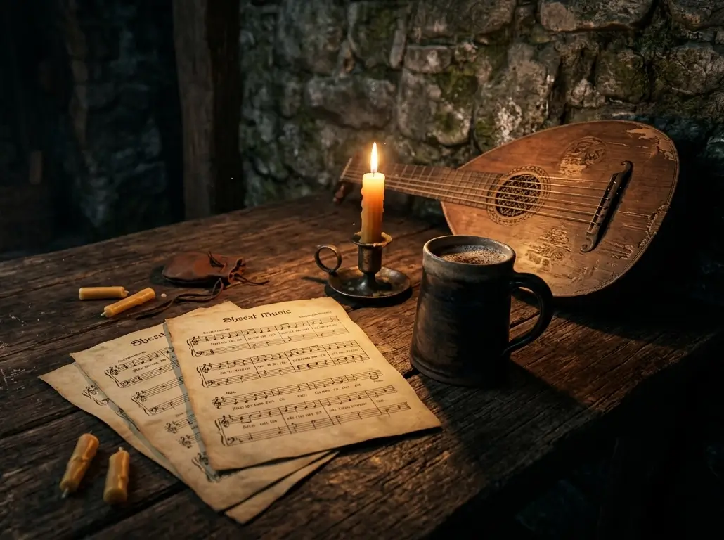 Ambiance sonore médiévale pour session de jeu de rôle — luth et bougie dans une taverne fantasy