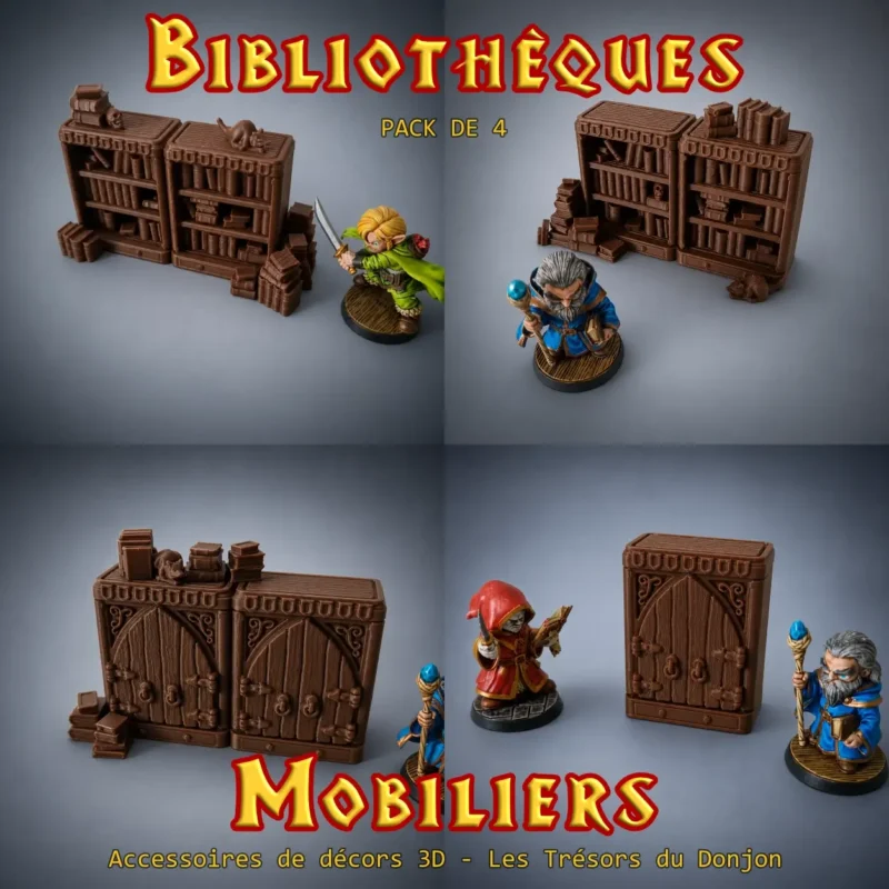Bibliothèques HeroQuest 3D Modèle A — rayons ouverts, crâne et rat, décor donjon impression PLA+