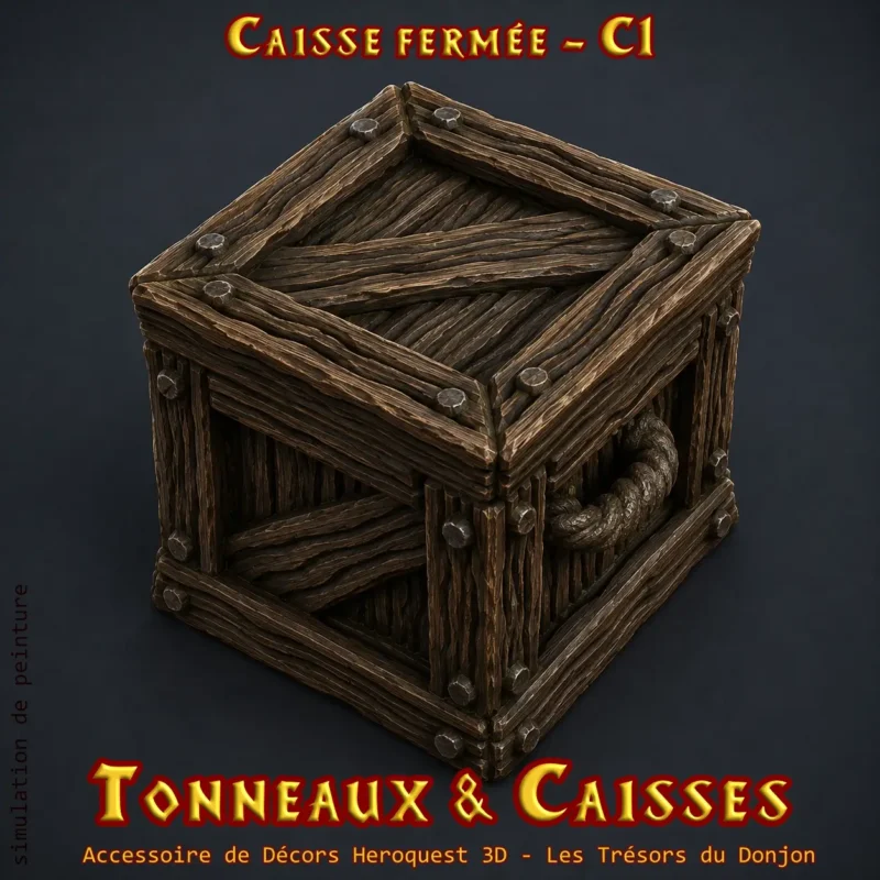 Caisse fermée HeroQuest 3D C1 — petite caisse clouée décor donjon PLA+