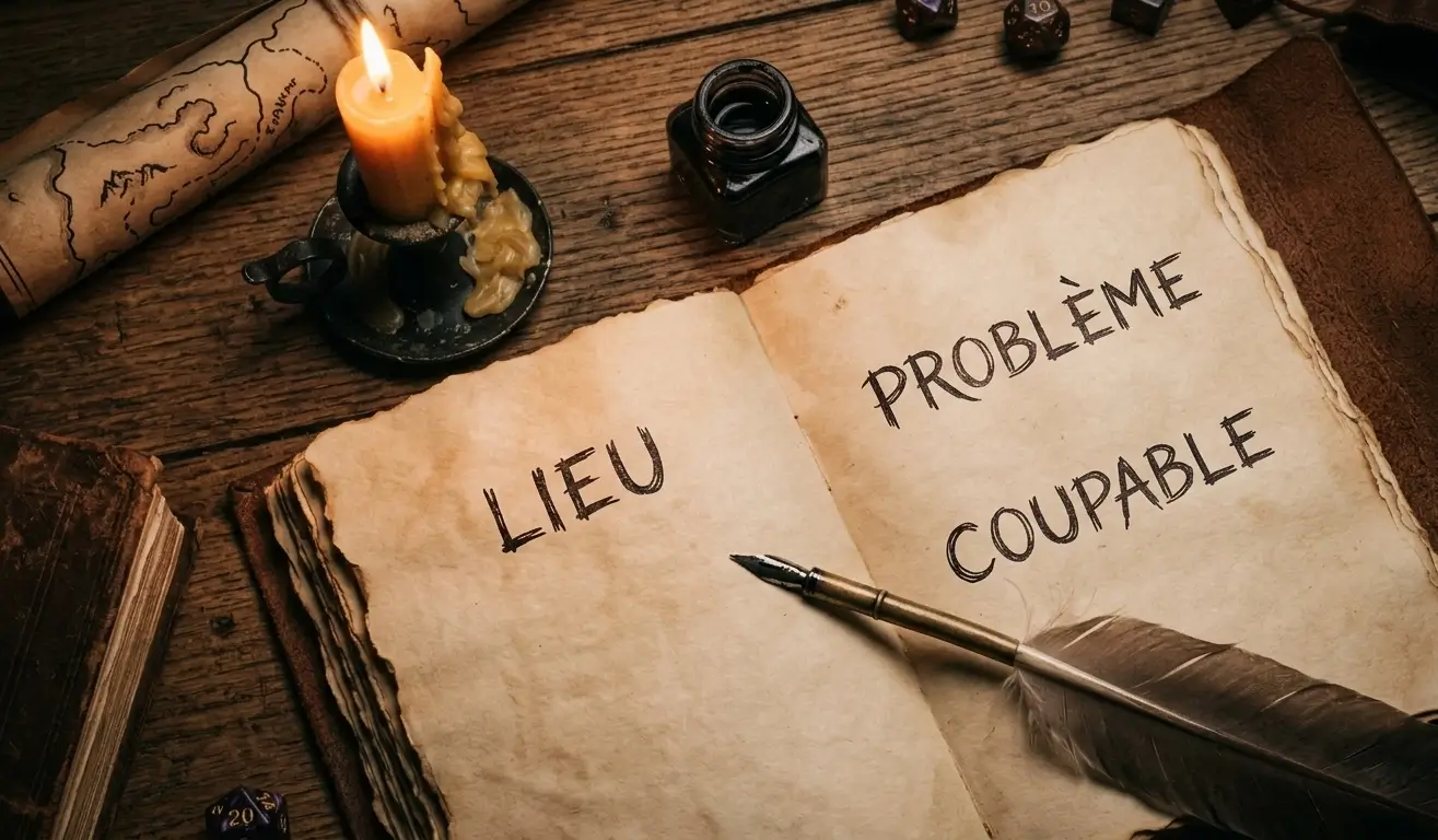 Carnet de maître du jeu avec les trois éléments clés pour construire un scénario JDR rapidement