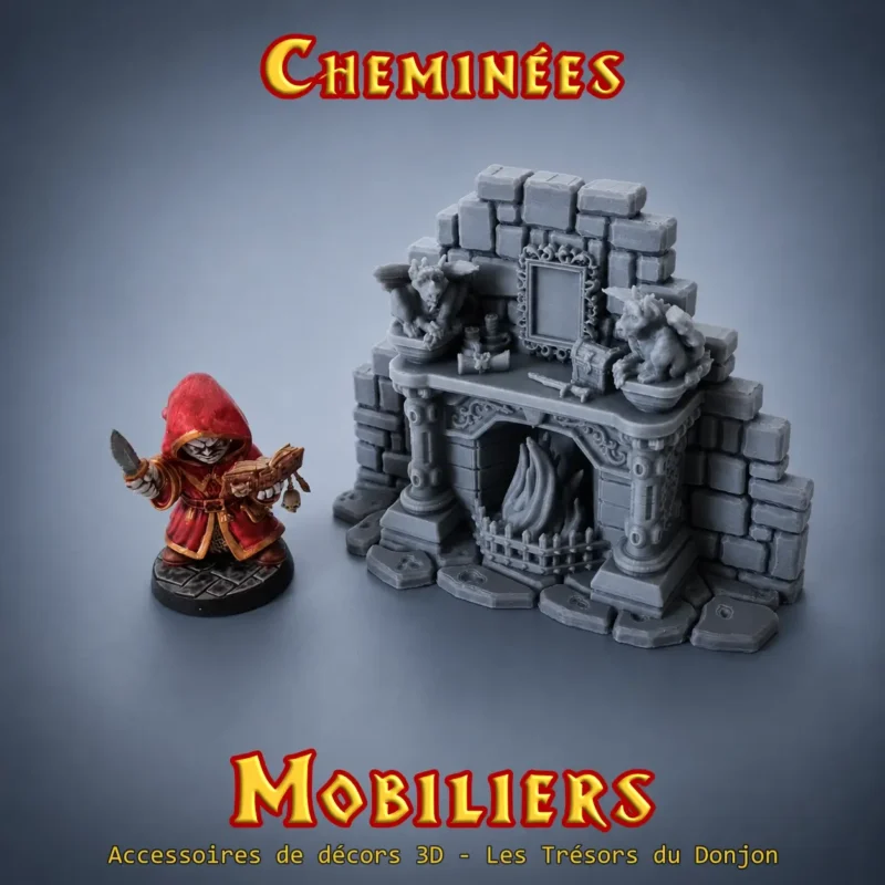 Cheminée HeroQuest 3D peinte avec feu LED — gargouilles manteau doré décor donjon PLA+ atelier breton