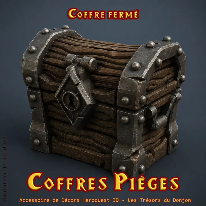 Coffres pièges fermé HeroQuest 3D ferrures grises — accessoire piège plateau 3D impression PLA+