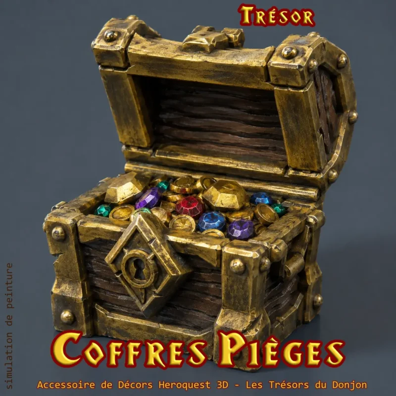 coffres pieges heroquest - coffre tresor Coffre trésor HeroQuest 3D ouvert pièces or et gemmes — décor donjon impression PLA+