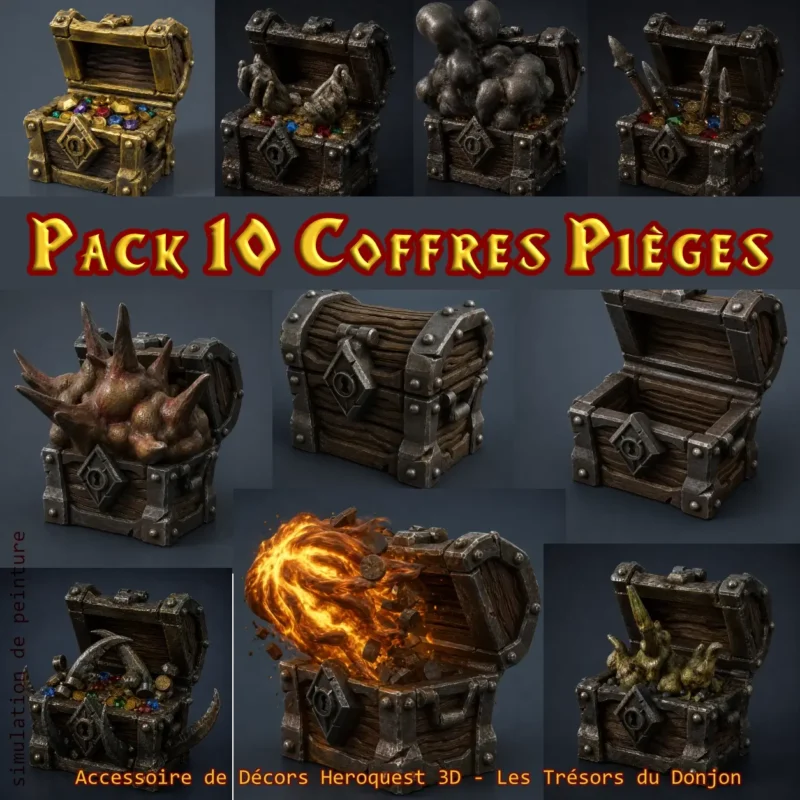 coffres pieges heroquest - coffre tresor pack (1) Pack 10 coffres pièges HeroQuest 3D imprimés PLA+ — licence Dragon Rest atelier breton