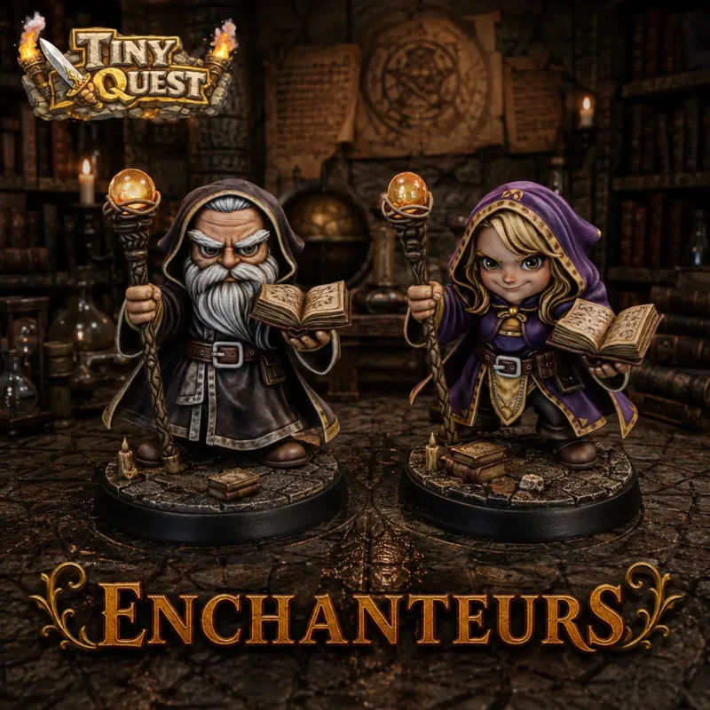 enchanteurs-tinyquest (1) Figurines magiciens tiny compatibles HeroQuest et plateaux 3D. Socle 25 mm, faciles à peindre, idéales pour le jeu sur plateau.