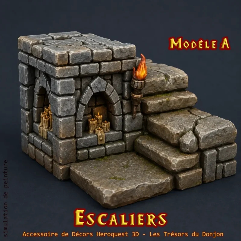 Escaliers HeroQuest 3D Modèle A — montée avec autel voûté torche et chandelles, PLA+ atelier breton