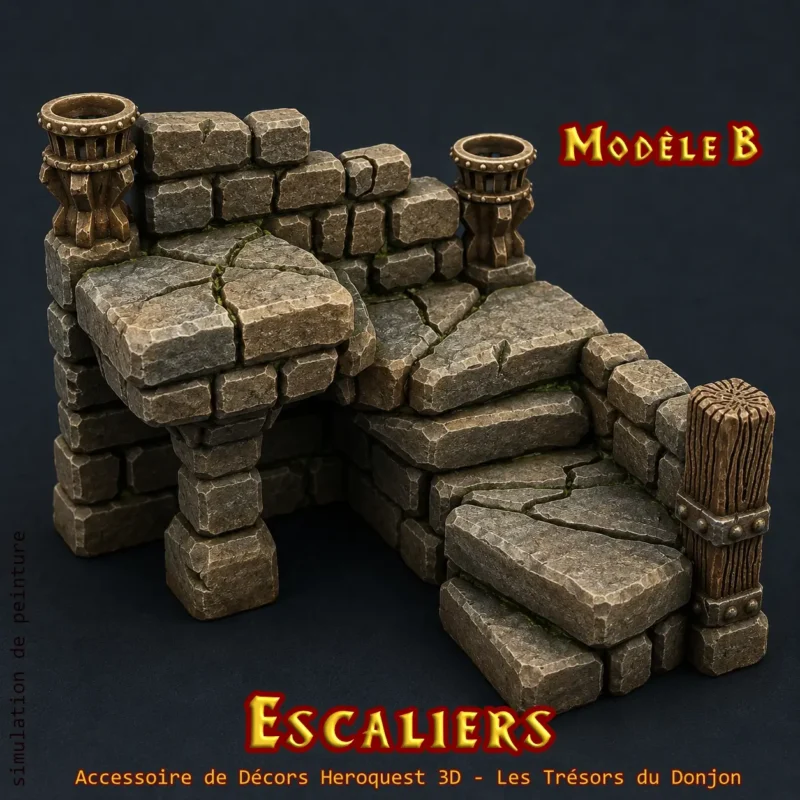 escaliers Heroquest - modele B (1) Escalier HeroQuest 3D Modèle B — descente fissurée colonnes urnes, décor donjon PLA+ Dragon Rest