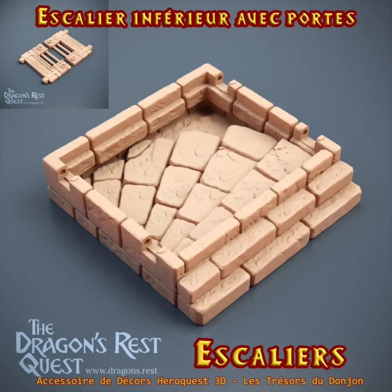 escaliers Heroquest - modele C (1) Escalier inférieur HeroQuest 3D Modèle C — puits encaissé trappe à barreaux, impression PLA+