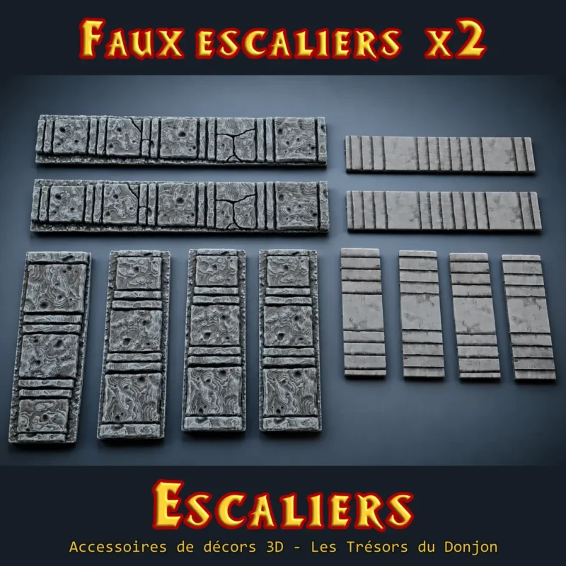 Faux escaliers HeroQuest 3D plats en perspective — tokens PLA+ 3 et 5 cases, comparaison cartons d'origine 25mm et 38mm, atelier breton