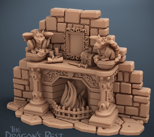 fireplace 1 Cheminée HeroQuest 3D brute impression PLA+ — manteau gargouilles insert feu Dragon Rest