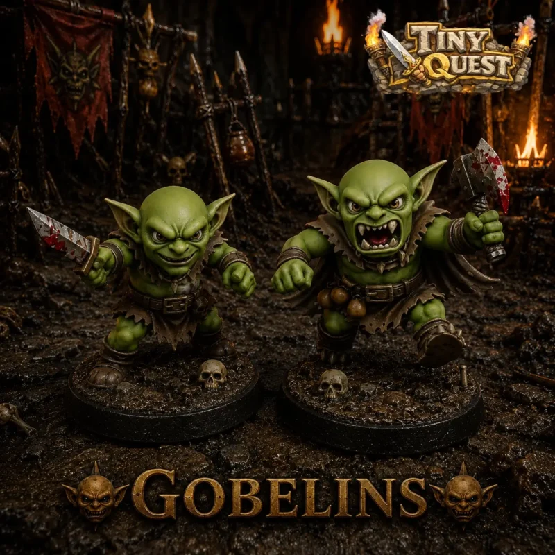 gobelins-tinyquest (1) Figurines Gobelins TinyQuest compatibles HeroQuest et plateaux 3D. Socle 25 mm, faciles à peindre, idéales pour combats dynamiques.