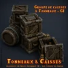 groupe de caisses et tonneaux G1 Groupe G1 tonneaux caisses HeroQuest 3D — empilage mixte décor donjon PLA+