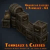 groupe de caisses et tonneaux G2 Groupe G2 tonneaux caisses HeroQuest 3D — file de stockage décor couloir PLA+