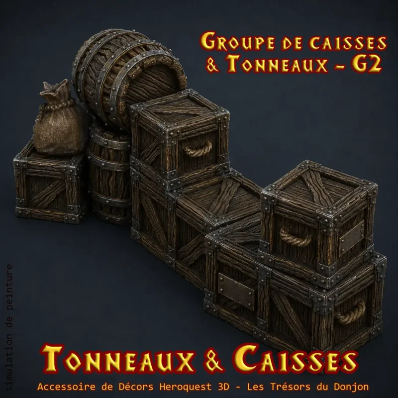 groupe de caisses et tonneaux G2 Groupe G2 tonneaux caisses HeroQuest 3D — file de stockage décor couloir PLA+