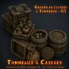 groupe de caisses et tonneaux G3 Groupe G3 tonneaux caisses HeroQuest 3D — réserve flacons potions boulets PLA+