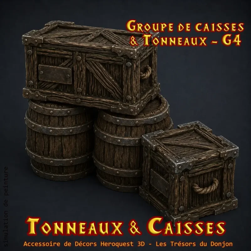 groupe de caisses et tonneaux G4 Groupe G4 tonneaux caisses HeroQuest 3D — stockage lourd caisses larges PLA+