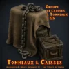 groupe de caisses et tonneaux G5 Groupe G5 tonneaux caisses HeroQuest 3D — objet mystérieux bâche chaîne PLA+