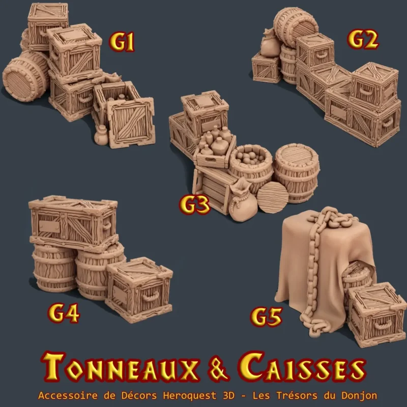 groupe de caisses et tonneaux TABLE Tonneaux & Caisses HeroQuest 3D