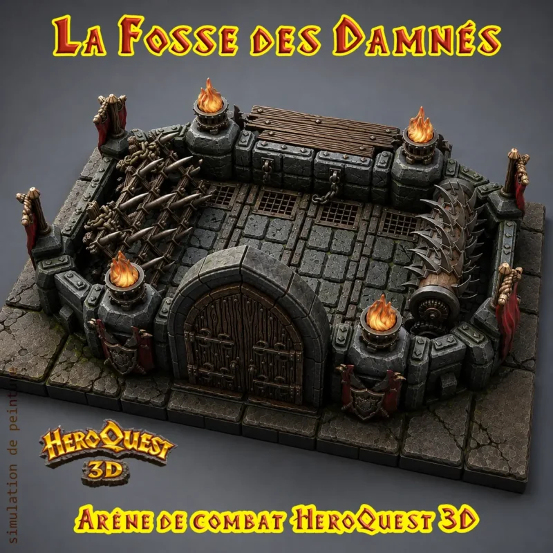 Arène de combat HeroQuest 3D imprimée. Set complet avec pièges, braseros et boucliers. Finition brute ou peinte ton pierre. Artisan breton.
