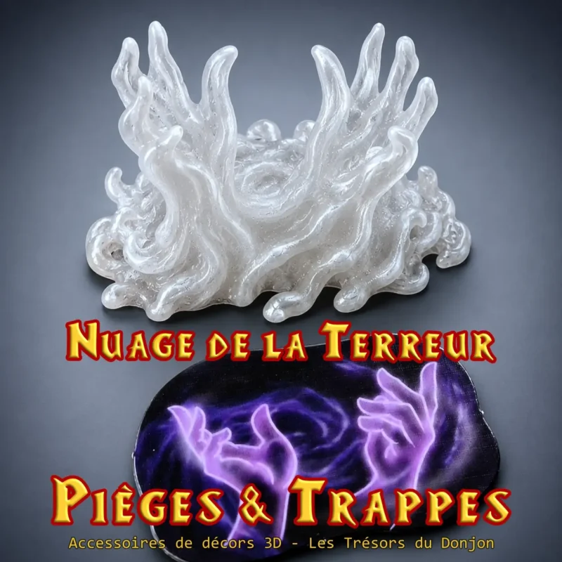 Nuage de la Terreur HeroQuest 3D — forme PETG translucide et socle peint violet rose, marqueur de sort fantasy atelier breton