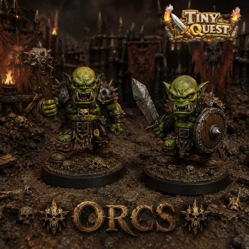 orcs-tinyquest (1) Figurines Orcs TinyQuest compatibles HeroQuest et plateaux 3D. Socle 25 mm, faciles à peindre, idéales pour combats et défense.