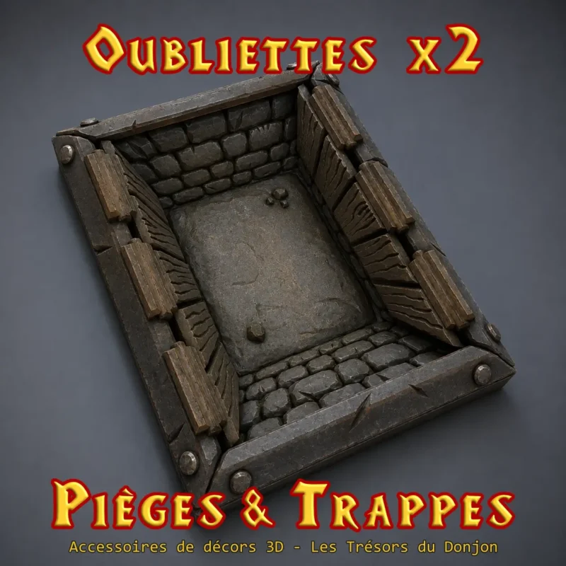 Oubliette HeroQuest 3D peinte — trappe piège de sol bois pierre PLA+ noir atelier breton