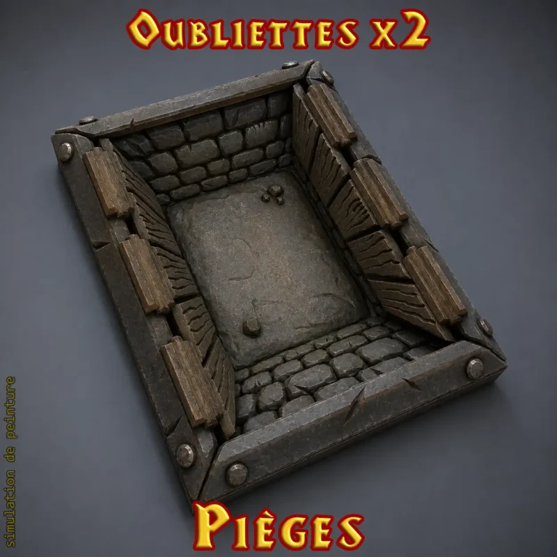 Oubliette HeroQuest 3D peinte — trappe piège de sol bois pierre PLA+ noir atelier breton