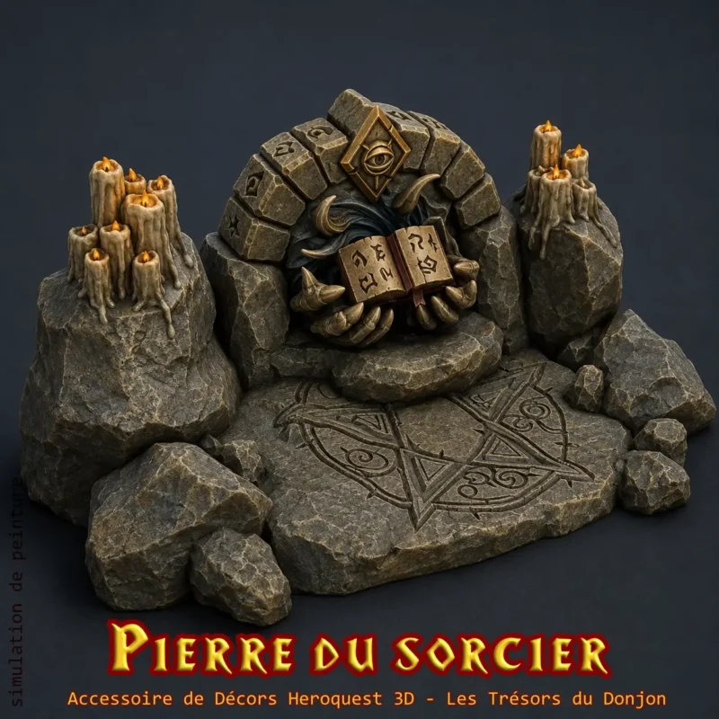 Pierre du Sorcier HeroQuest 3D — autel runique grimoire démoniaque chandelles et pentagramme, décor PLA+ atelier breton