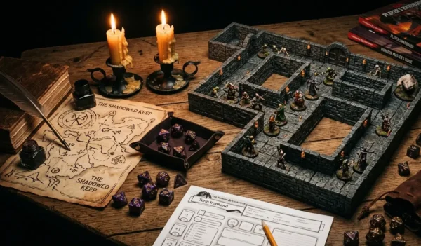Décors de donjon 3D et dés polyédriques sur table de jeu de rôle pour préparer un scénario JDR rapidement
