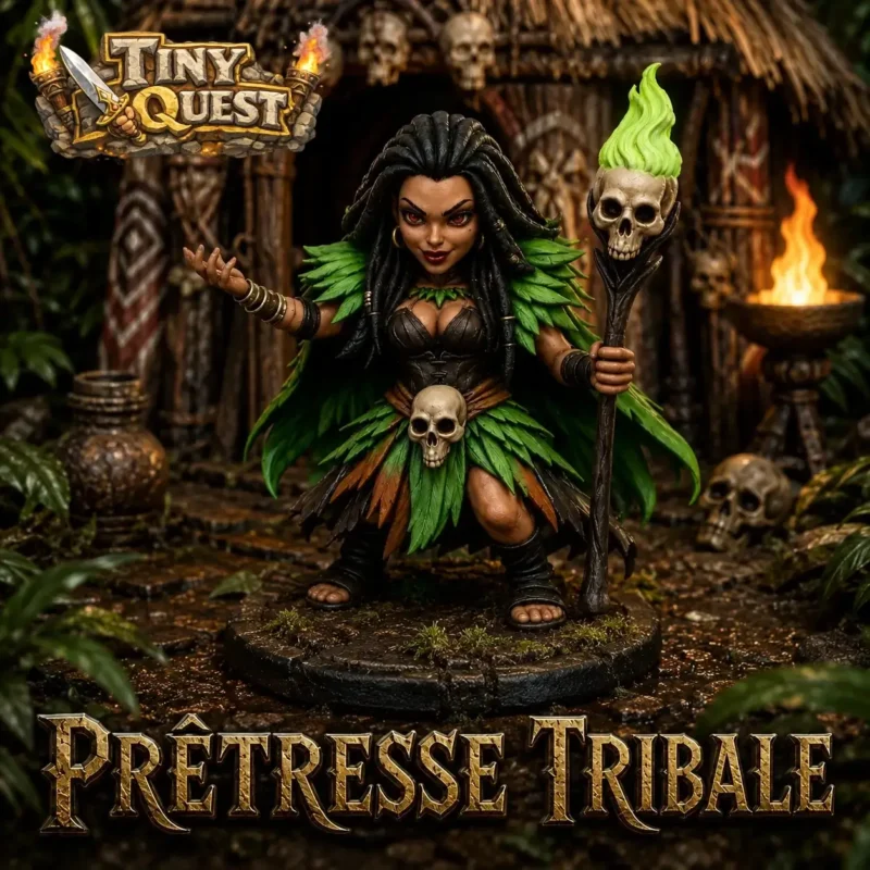 Prêtresse Tribale Vaudou TinyQuest™ pour HeroQuest et jeux de rôle fantasy. Figurine artisanale résine 12K HD compatible plateau HeroQuest classique et donjons imprimés 3D.
