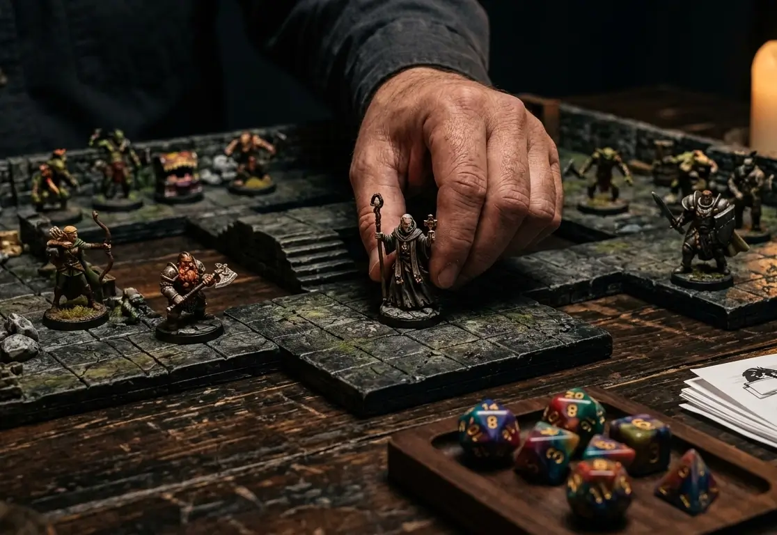 Maître du jeu déplaçant une figurine sur une carte de donjon lors d'une session JDR improvisée