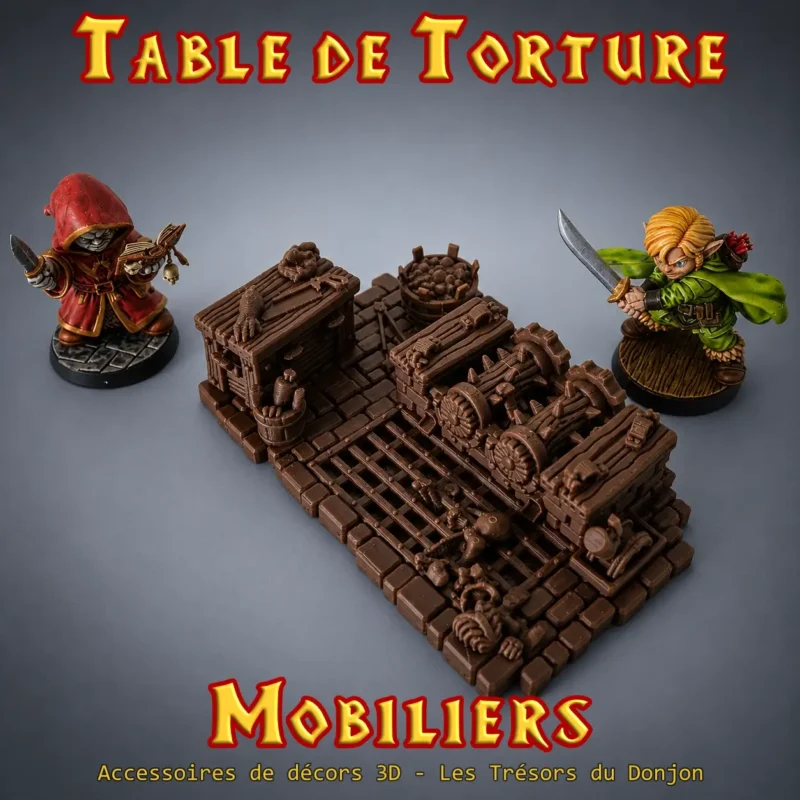 Table de torture HeroQuest 3D peinte — roue engrenages, caisse, squelettes, décor donjon PLA+ atelier breton