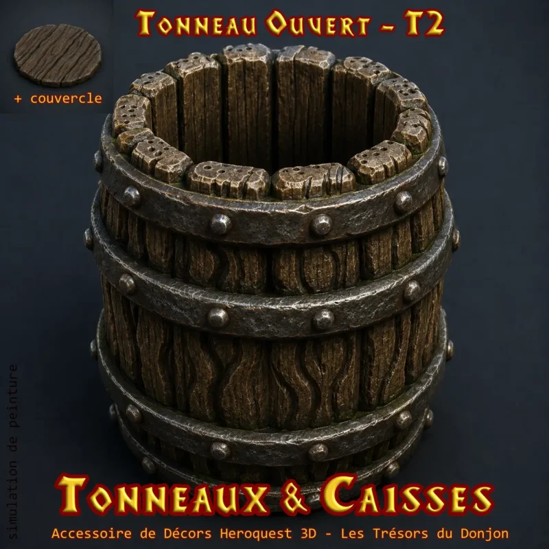 Tonneau ouvert HeroQuest 3D T2 — couvercle amovible décor plateau PLA+