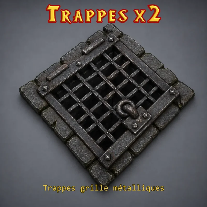 trappes grilles metalliques heroquest (1) Trappes HeroQuest 3D peinte — grille métal barreaux croisés anneau pierre PLA+ noir atelier breton